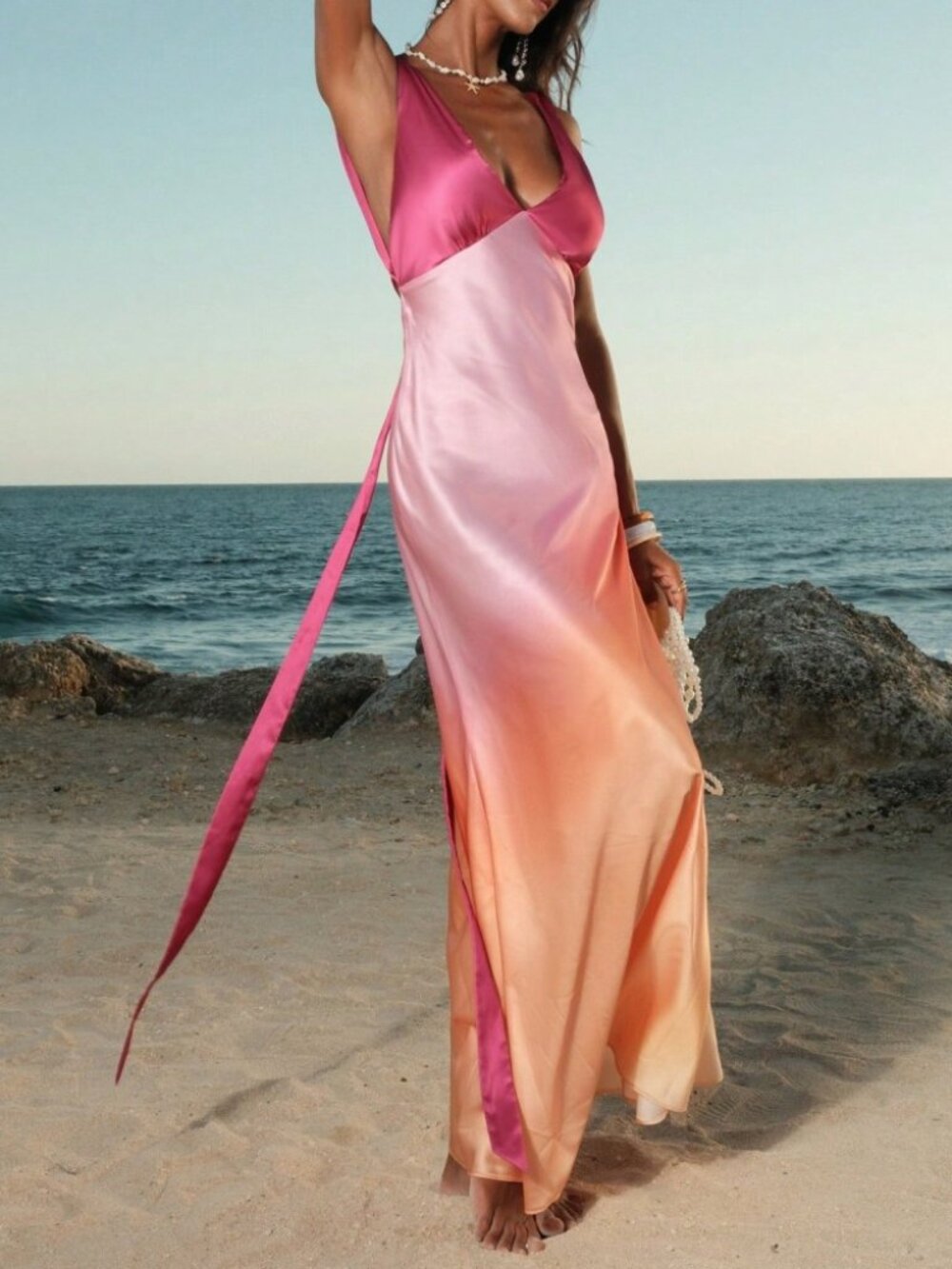 Pink Ombre Satin Maxi Dress with Plunge V Neck
